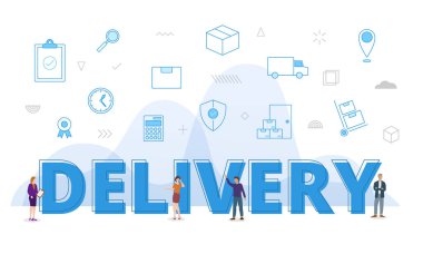 büyük kelimelerle nakliye işi kavramı ve modern mavi renk çizimi ile yayılan ilgili ikonla çevrelenmiş insanlar