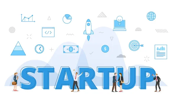 Concetto Startup Business Con Grandi Parole Persone Circondate Icona Correlata — Vettoriale Stock
