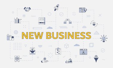 Merkezi vektör illüstrasyonunda büyük sözcük veya metin içeren yeni iş konsepti