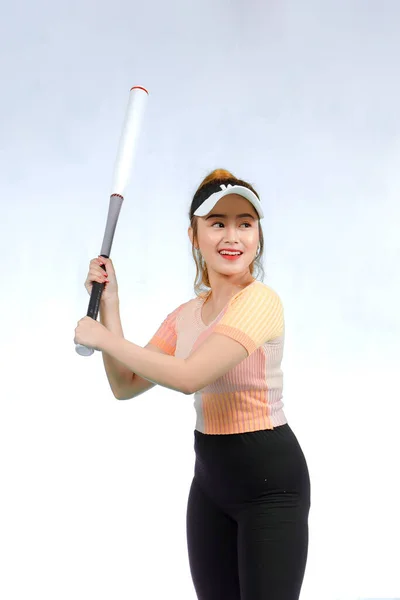 Beautiful Young Asian Woman Holding Baseball Bat — Stok Foto