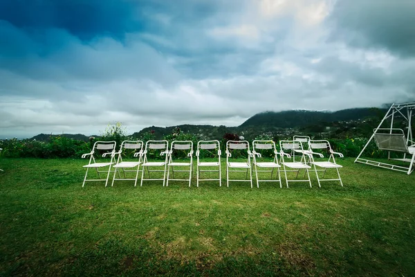 White Aluminum Chairs Tables Hilly Background Cloudy Sky —  Fotos de Stock