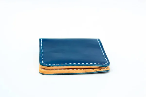 Blue Natural Leather Wallet Isolated White Background Closeup Expensive Wallet — Stock Fotó