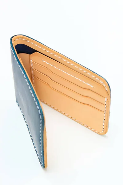 Blue Natural Leather Wallet Isolated White Background Closeup Expensive Wallet — 스톡 사진