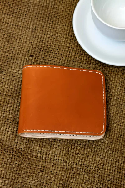 Men Brown Leather Wallet Touch Netted Background Texture Table — 图库照片