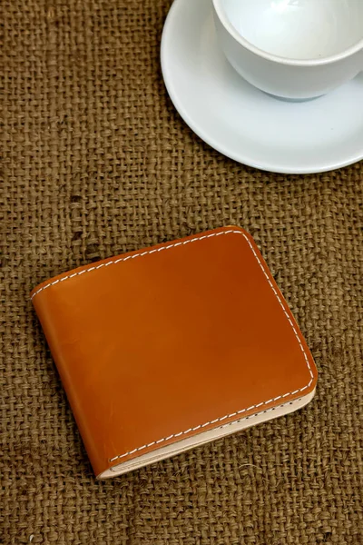 Men Brown Leather Wallet Touch Netted Background Texture Table — 图库照片