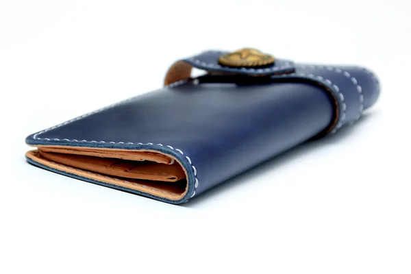 Women Long Leather Wallet Blue Leather Color Isolated White Background — Zdjęcie stockowe