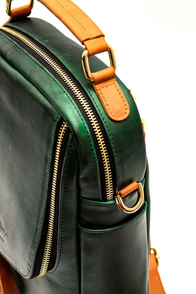 Classic Green Leather Bag White Background Isolation — 스톡 사진