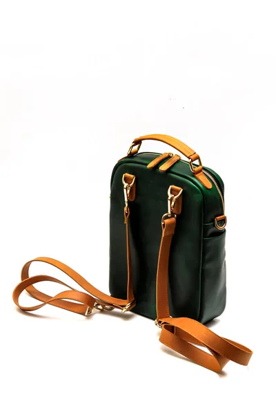 Classic Green Leather Bag White Background Isolation — Stockfoto