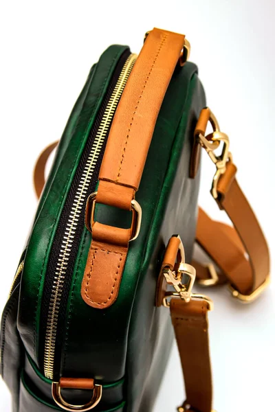 Classic Green Leather Bag White Background Isolation — 스톡 사진