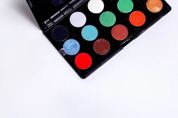Mua Girly Concept Eyeshadow Palette White Background Makeup Brush White — Stock Photo, Image