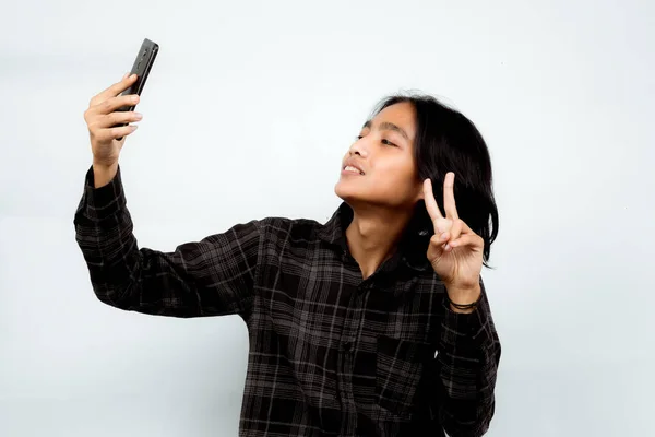 Photo Promotion Portrait Asian Man Taking Selfie Video Call Relatives — Stok fotoğraf