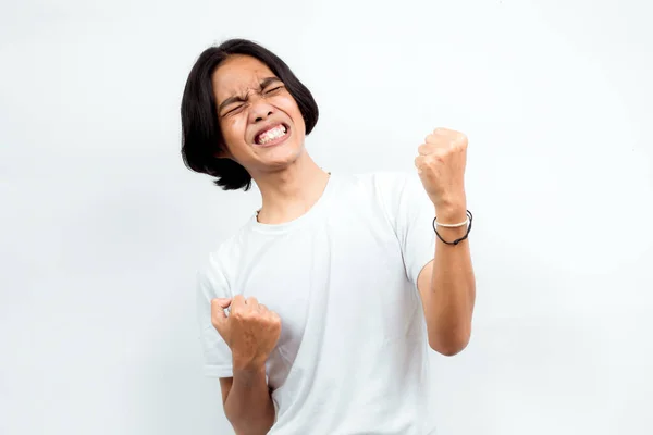 Photo Promotion Portrait Asian Man Screaming Happily Because Has Won — Fotografia de Stock
