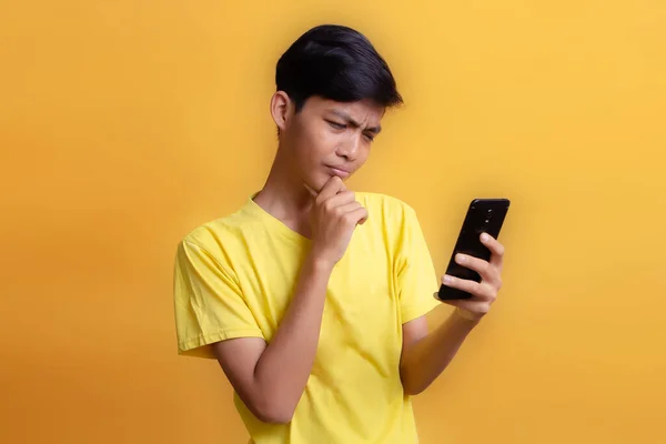 Portrait Asian Young Man Wearing Yellow Shirt Communicate Using Smart — Stockfoto