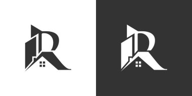 Letter R logo design and house vector design on black and white background