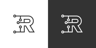 Initial letter R logo technology vector design on black and white background.