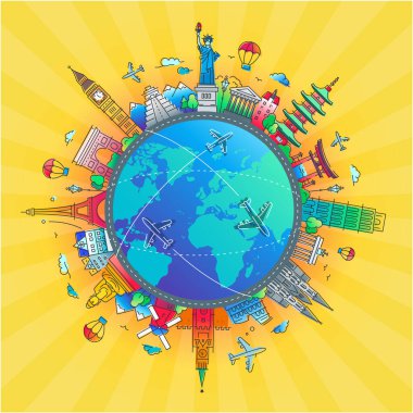 Tourism and all objects on world circle background, vector 3d virtual for travel and transport concept design