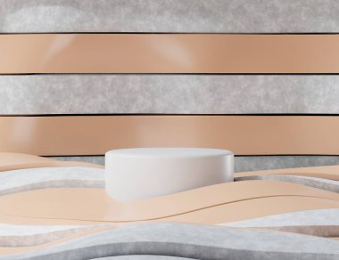 Biege and white realistic 3d cylinder stand podium.Minimal pedestal for beauty, cosmetic product. Pastel . 3d illustration background.