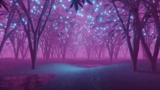 Петля Анімації Чарівного Лісу Фіолетовим Світлом Маленькими Блакитними Гірляндами Абстрактний — стокове відео