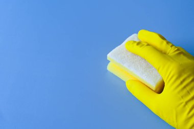 Sarı lastik eldivenli el mavi arka planda temizlik süngeri tutuyor..