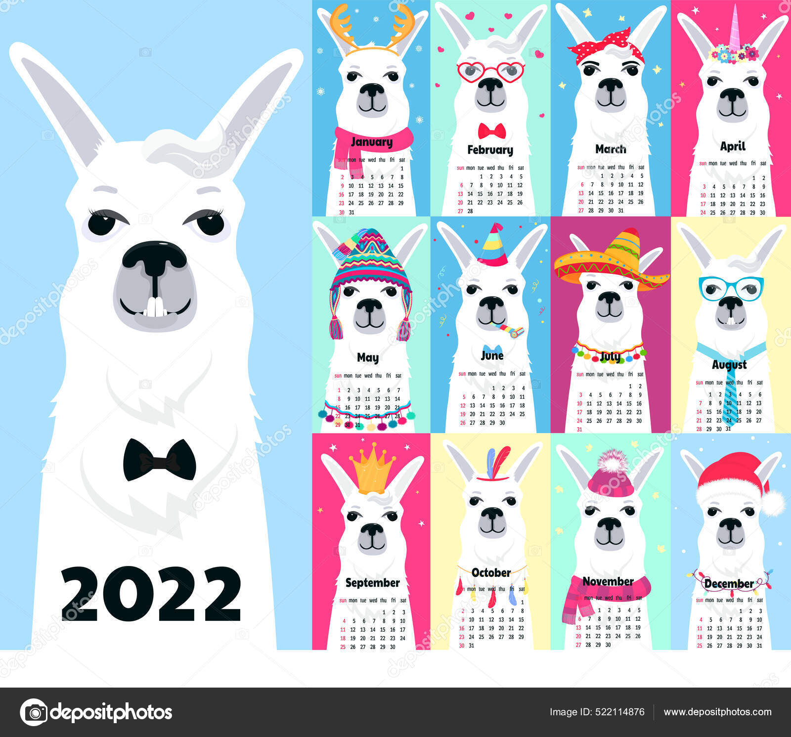 Alpaca Calendar 2022 Calendar For 2022 From Sunday To Saturday. Cute Llama In Different  Costumes. Sombrero, Birthday, Sailor In A Vest, Unicorn, Santa Claus. Funny  Animal. Alpaca Cartoon Character Stock Vector Image By  ©0936693698L.gmail.com #522114876