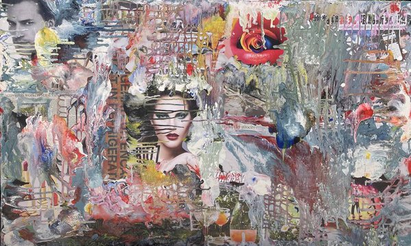 SENSATIONALISM - original sustainable mixed media eco-fine art by J'Atelier9. Sensationalism dissects living amongst a Twitter society & subliminal advertising.. where all forms of media become sensationalized.