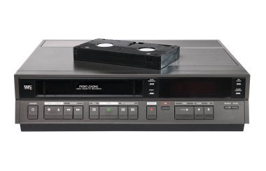 Old videocassette recorder 1980s-1990s with videotape isolated on white background. foreground clipart