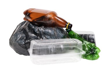 Garbage bag and plastic bottles isolated on white background.Garbage and trash sorted by plastic, e-waste, metal, glass and paper. Ecology and green energy concept.