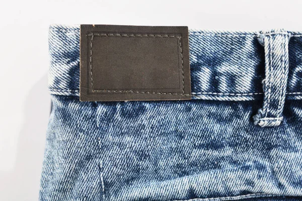 Denim Texture Blue Jeans Blank Leather Label Close Comfortable Casual — Fotografia de Stock