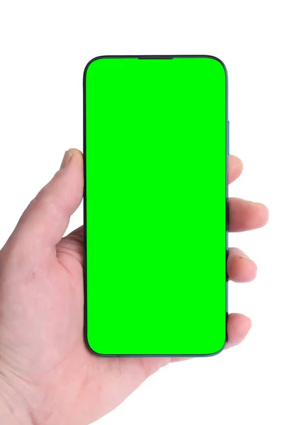 Hand Holds Blank Green Smartphone Screen White Background — Photo