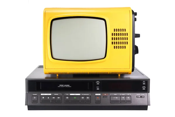 Stary Żółty Telewizor Vintage Magnetowidem Lat 2000 Izolowany Białym Tle — Zdjęcie stockowe