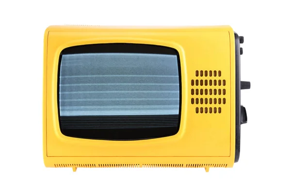 黄色的老式电视机 屏幕上有噪音和干扰 被白色的背景隔离了1970 1980 1990年代 — 图库照片