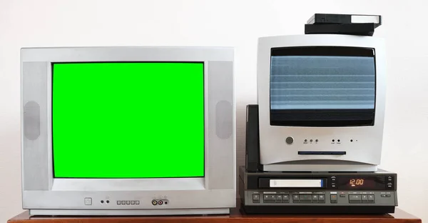 Antiguo Televisor Pantalla Verde Plateado Para Vídeo Fotos Con Reproductor —  Fotos de Stock