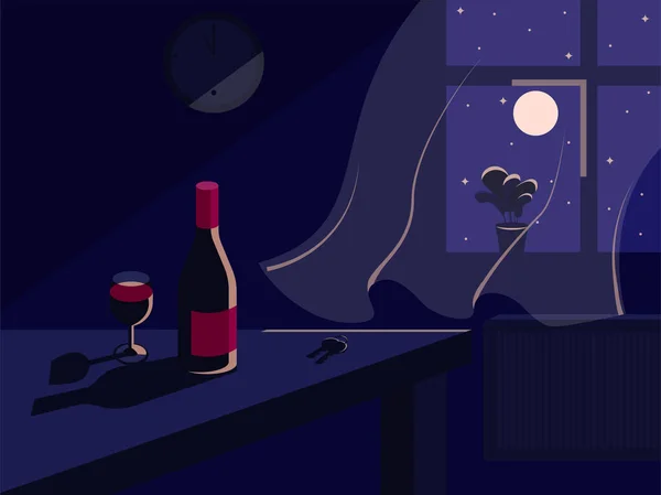 Night room. Interior vector illustration. Wine, glass, moon and stars.