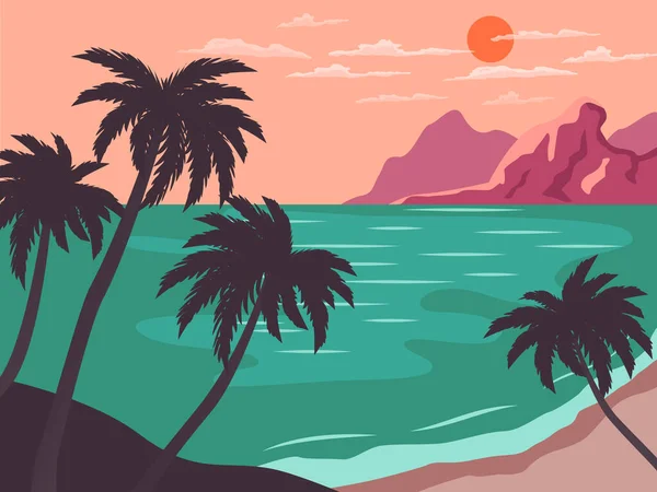 Ilustración Vectorial Paisaje Mar Montañas Palmeras Amanecer —  Fotos de Stock