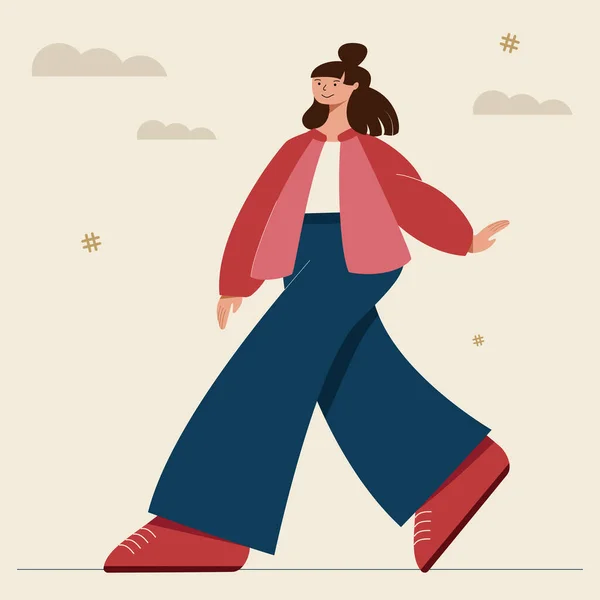Young girl in a red bomber jacket, blue pants and red dies. Cheerful face, free gait. Dynamic vector illustration. The character