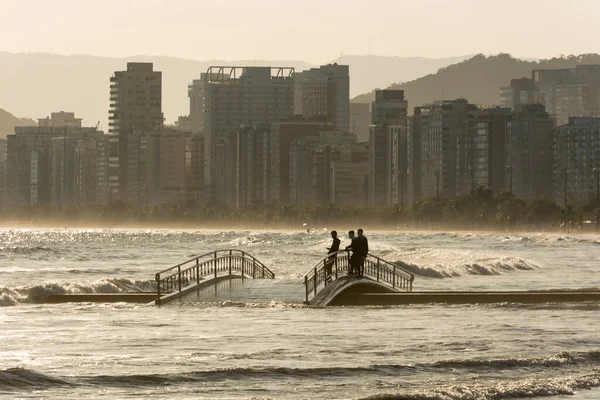 City Santos Brazil Sunset Beach High Tide Day Bridge Water — Stock Fotó