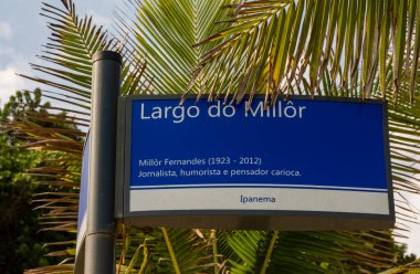 Rio de Janeiro, Brazil. May 25, 2022: Largo do Millor place sign on Ipanema beach. Millor Fernandes, journalist, comedian and thinker from Rio de Janeiro.