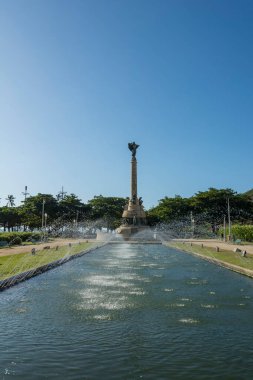 Rio de Janeiro, Brazil. May 24, 2022: Fountain at General Tiburcio square. In the background, Monument and Mausoleum of the Heroes of the Battle of Laguna. War between Brazil and Paraguay in 1866. 