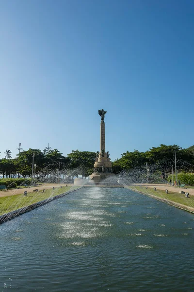 Rio de Janeiro, Brazil. May 24, 2022: Fountain at General Tiburcio square. In the background, Monument and Mausoleum of the Heroes of the Battle of Laguna. War between Brazil and Paraguay in 1866. 