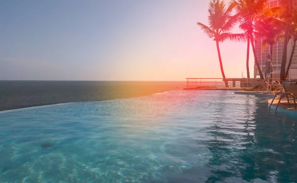 Borderless Pool Late Sunny Afternoon Background Palm Trees Sea – stockfoto