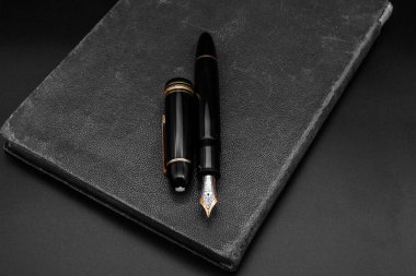 Montblanc Meister eski bir kitaba 149 dolmakalem yapıştırdı. Gri arka plan. Santos, SP - Brezilya, 27 Kasım 2020.