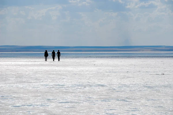 Tuz Gölü veya Salt Lake, Türkiye. Türkiye 'nin en büyük ikinci gölünün kurak arazisinde yürüyen üç kişi. Kapladığı alan Ankara, Konya ve Aksaray illeri arasında bölünmüş durumda..