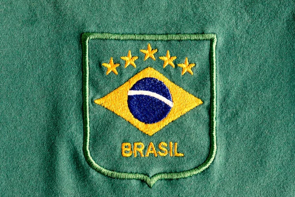 Ulusal Bayrak Taşıyan Brezilya Rozeti Beş Yıldız Yeşil Kumaşa Işlenmiş — Stok fotoğraf