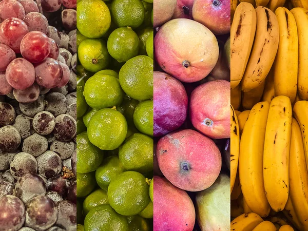 Brazilian fruits. Close up of Grape, Lemon, Mango and Banana. Vertical stripes