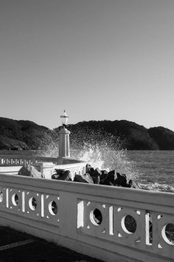 Santos, Brezilya. Plaj duvarına çarpan dalgalar, su sıçraması, kaldırım ve liman kanalı. Siyah ve beyaz resim.