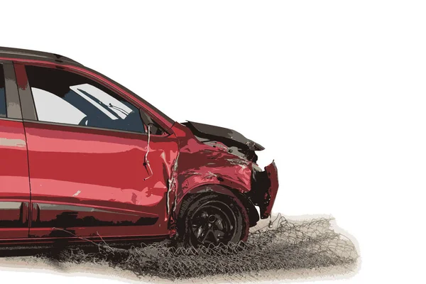 Carro Vermelho Caiu Sobre Uma Cerca Arame Colisão Frontal Isolado — Vetor de Stock