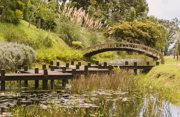 Amantikir Park, Campos do Jordao, Brezilya. Japon bahçesinde ahşap köprü ve güverte. 13 Şubat 2018. 