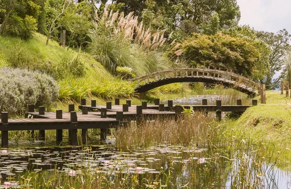 巴西Campos Jordao Amantikir公园 日本花园的木桥和甲板 2018年2月13日 — 图库照片#