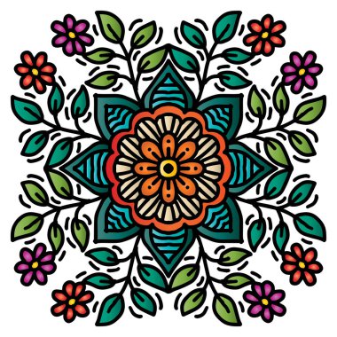 Çiçekli süs desenli mandala çizimi..