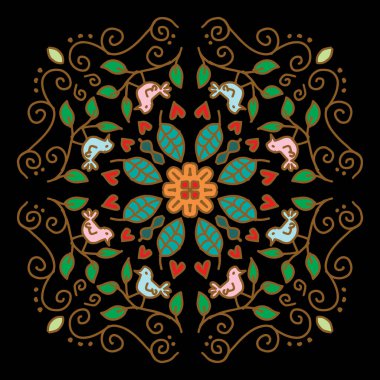 Kuş ve çiçek desenli mandala çizimi.